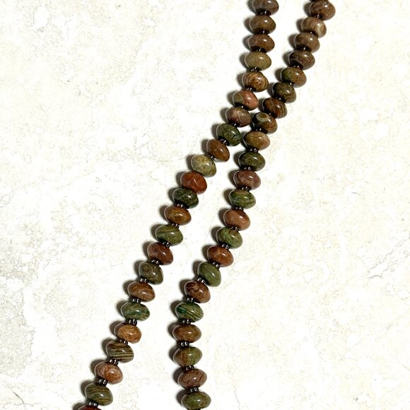 Genuine Earthy Polychrome Jasper Bronze Cat on the Moon Beaded Short Necklace - Picture 9 of 13